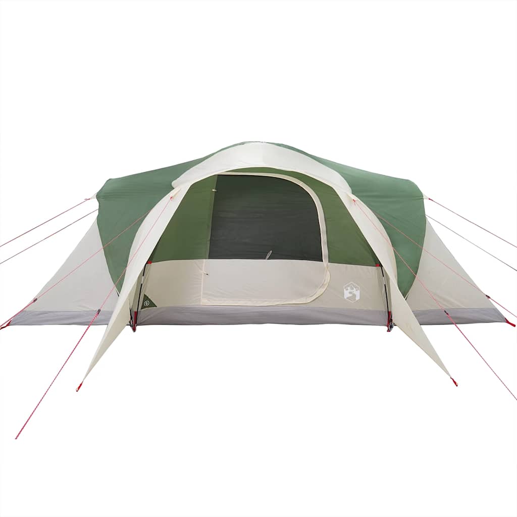 Zijaanzicht van de vidaXL koepeltent in groen met open ingang en waterdichte bekleding.
