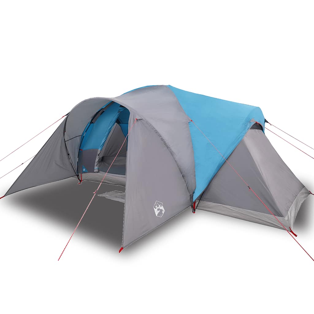 Detail van de vidaXL koepeltent in blauw en grijs, zijaanzicht met ingangen.