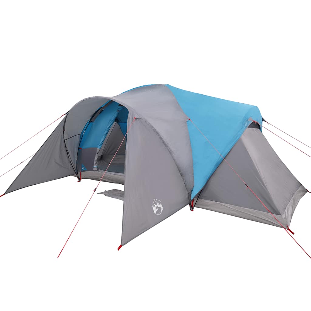 Zijaanzicht van de vidaXL 6-persoons koepeltent in blauw en grijs, met waterdichte bescherming.