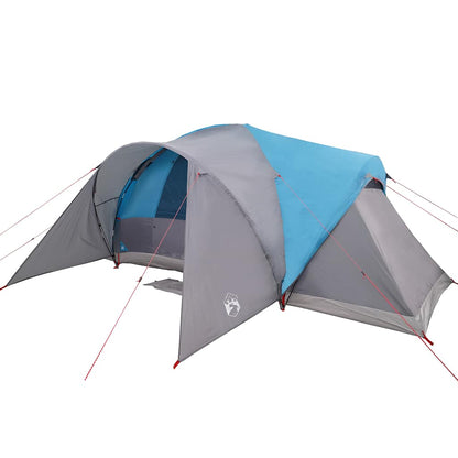 Zijaanzicht van de vidaXL koepeltent in blauw met grijze details en ingangen.