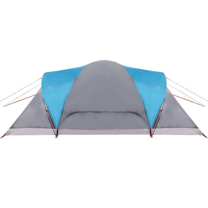 Zijaanzicht van de vidaXL koepeltent in blauw met grijze details en tentstokken.