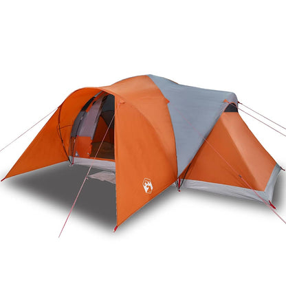 Zijaanzicht van de vidaXL koepeltent in grijs en oranje, met open ingang.