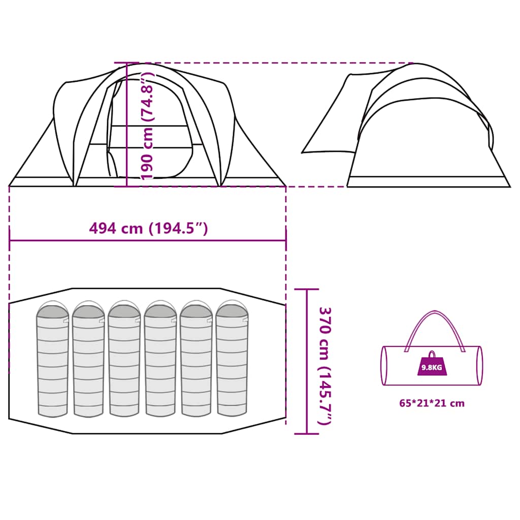 Detailtekening van de vidaXL 6-persoons koepeltent met afmetingen en opbergtas.