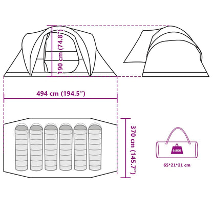 Detailtekening van de vidaXL 6-persoons koepeltent met afmetingen en opbergtas.