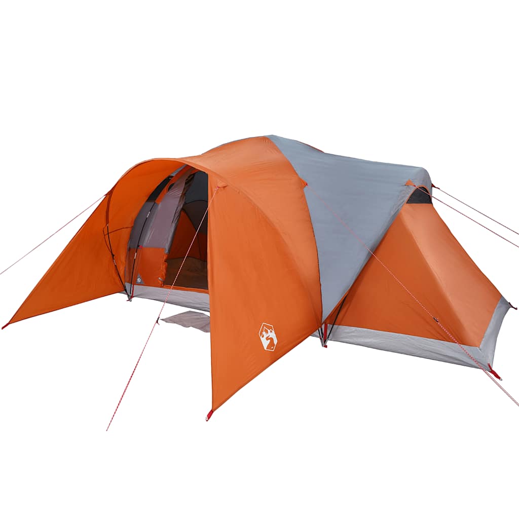 Detail van de vidaXL koepeltent in grijs en oranje, zijaanzicht met open ingang.
