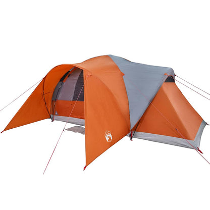 Zijaanzicht van de vidaXL koepeltent in grijs en oranje, met open ingangen.