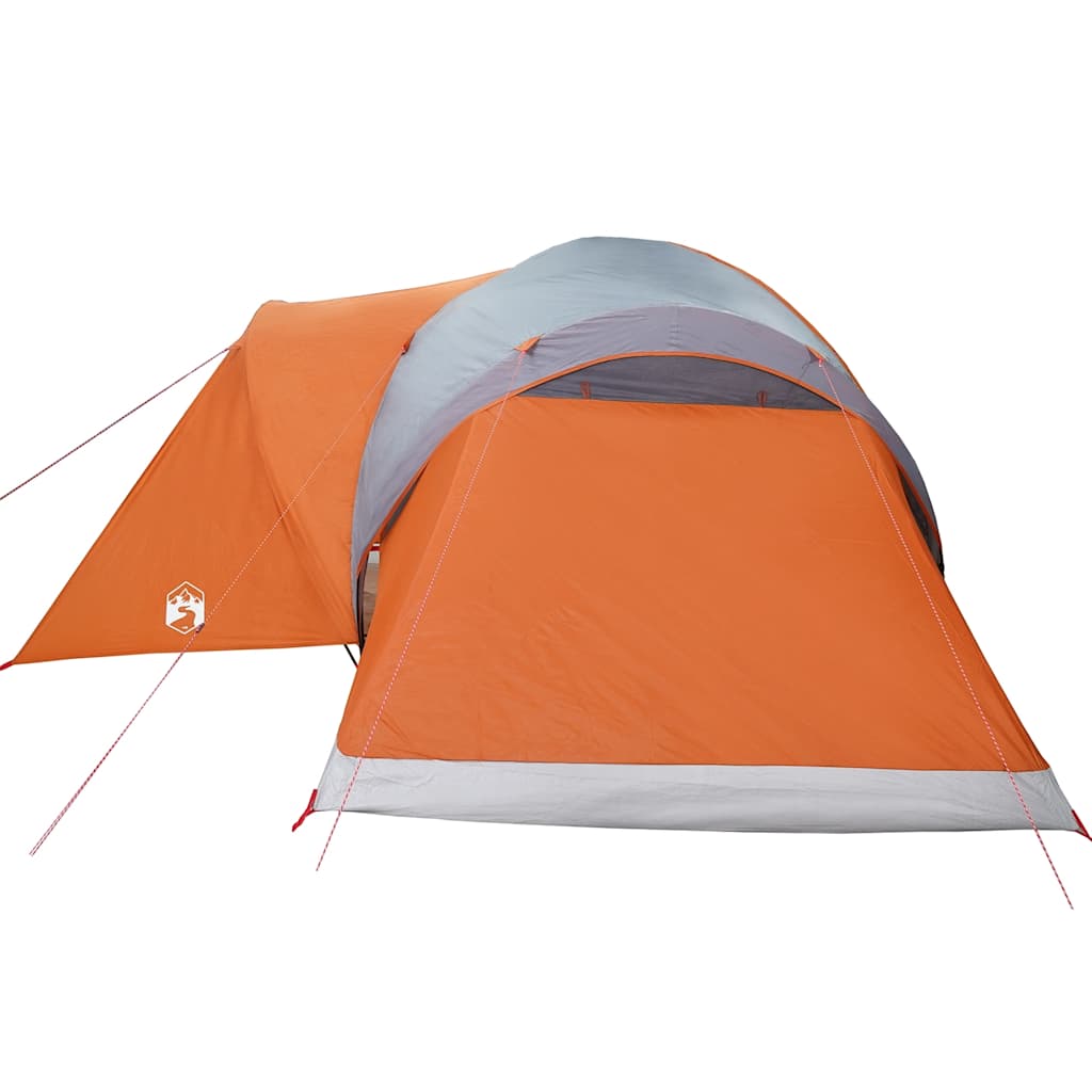 Detail van de vidaXL koepeltent in grijs en oranje, met de ingang en zijflap zichtbaar.