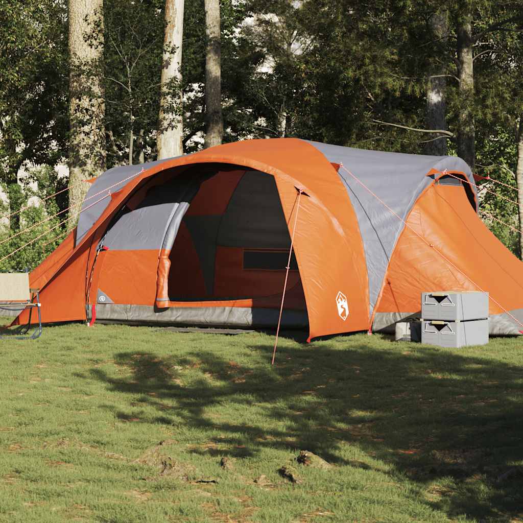 vidaXL koepeltent voor 6 personen in grijs en oranje, waterdicht en ruim opgesteld in de natuur.