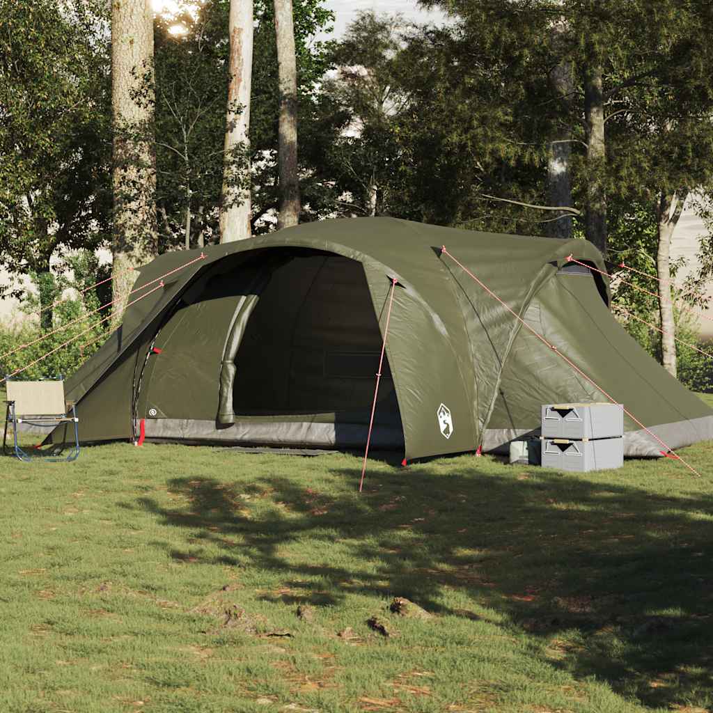 Detail van de vidaXL koepeltent in olijfgroen, zijaanzicht met opzetstokken en haringen.