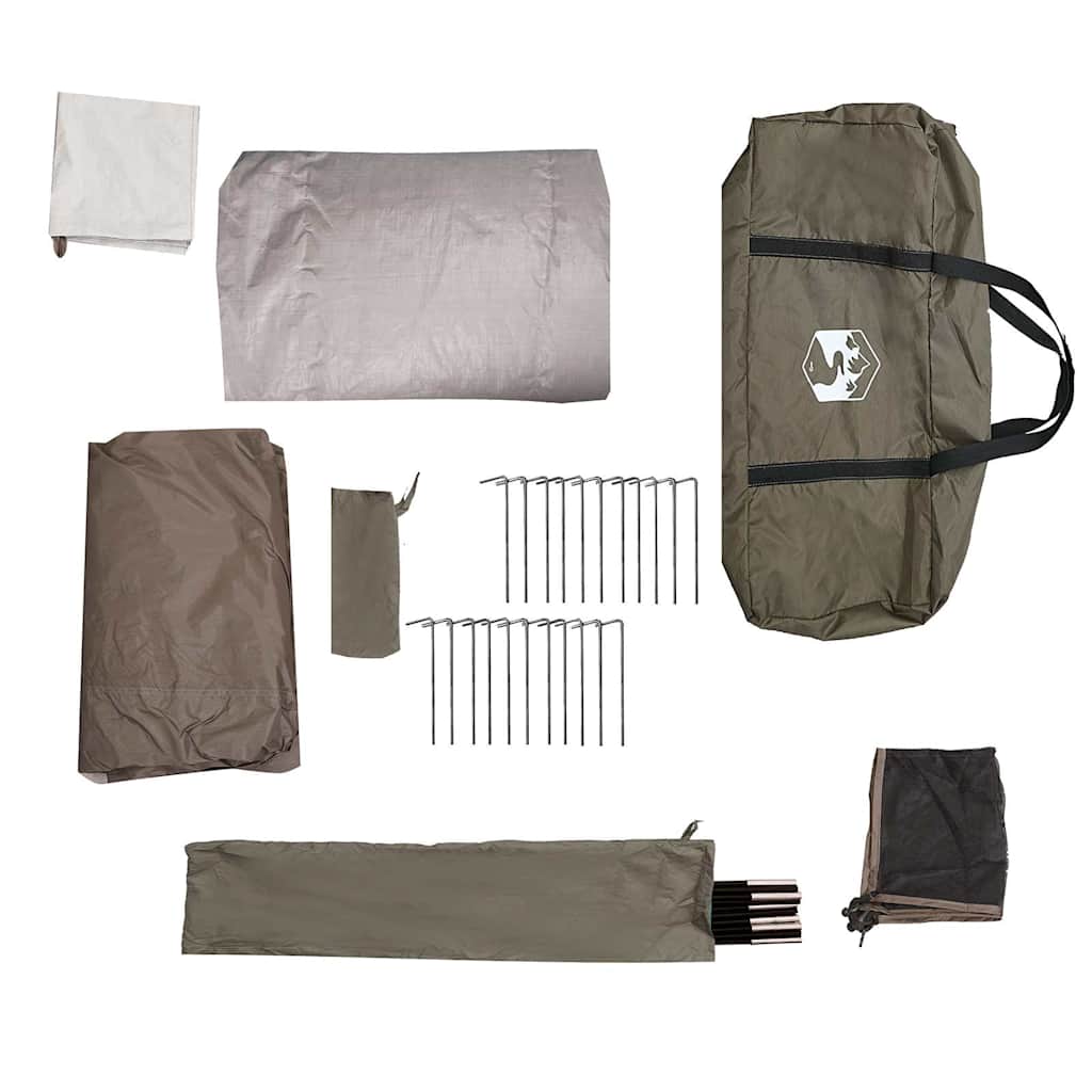 Detail van de vidaXL 6-persoons koepeltent met accessoires en haringen, in bruin en grijs.
