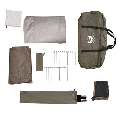 Detail van de vidaXL 6-persoons koepeltent met accessoires en haringen, in bruin en grijs.