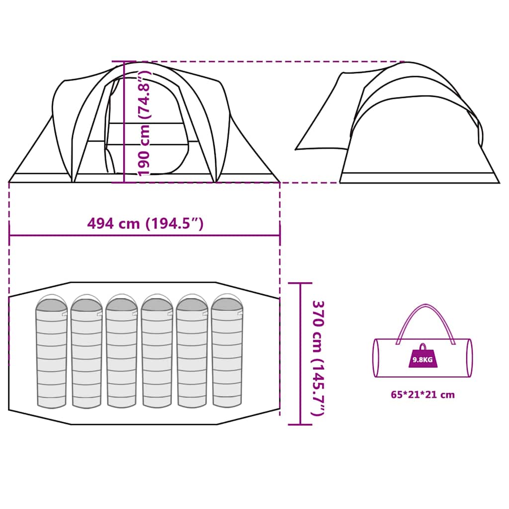 Detailtekening van de vidaXL 6-persoons koepeltent met afmetingen en draagtas.