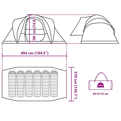 Detailtekening van de vidaXL 6-persoons koepeltent met afmetingen en draagtas.