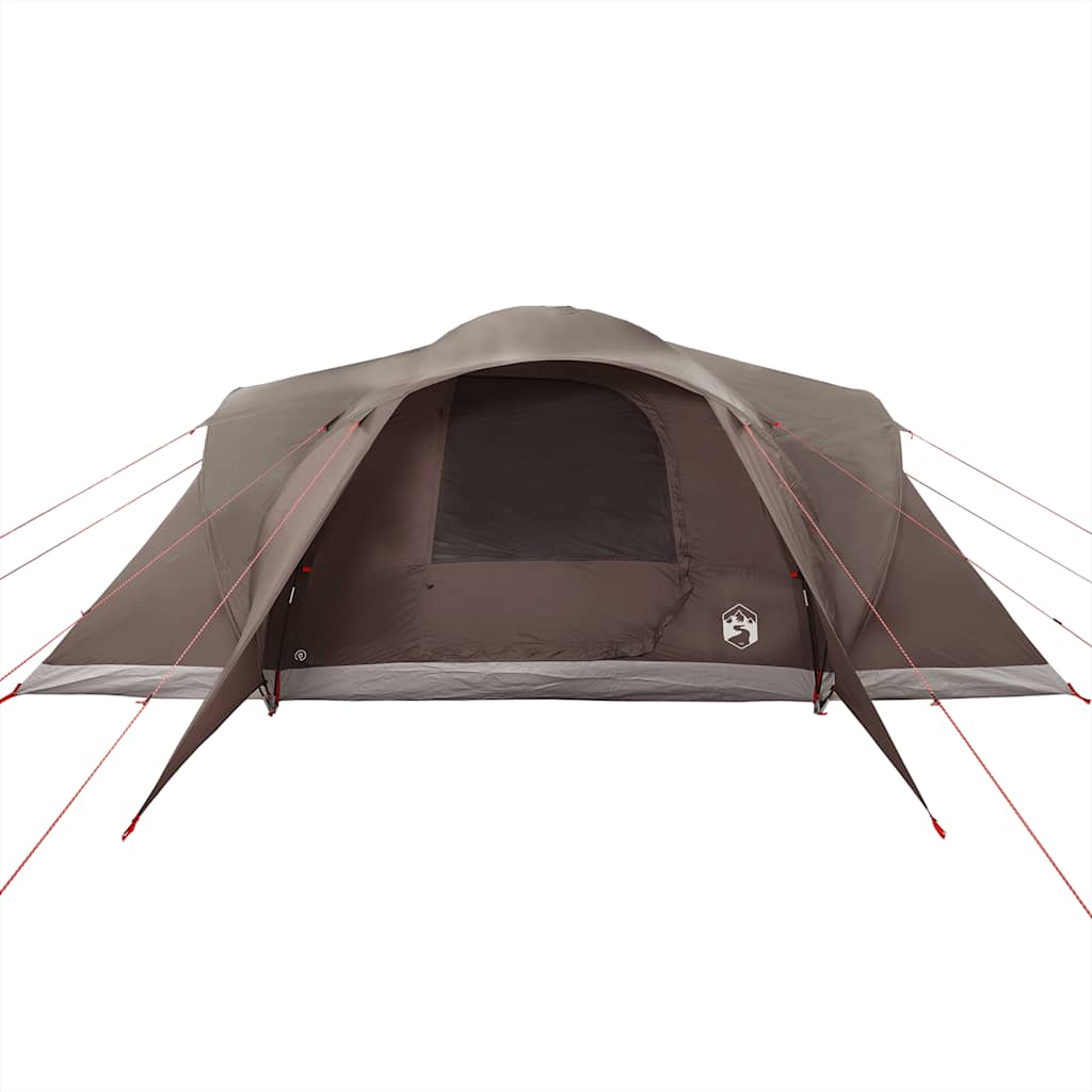 Detail van de vidaXL koepeltent in bruin, zijaanzicht met open ingang en tentstokken.