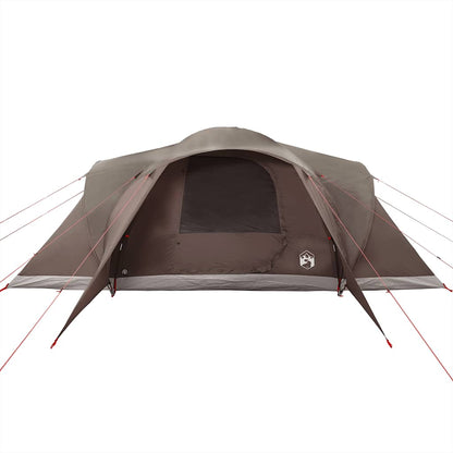 Detail van de vidaXL koepeltent in bruin, zijaanzicht met open ingang en tentstokken.