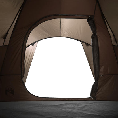 Detail van de bruine vidaXL koepeltent met open deur en ventilatierooster.