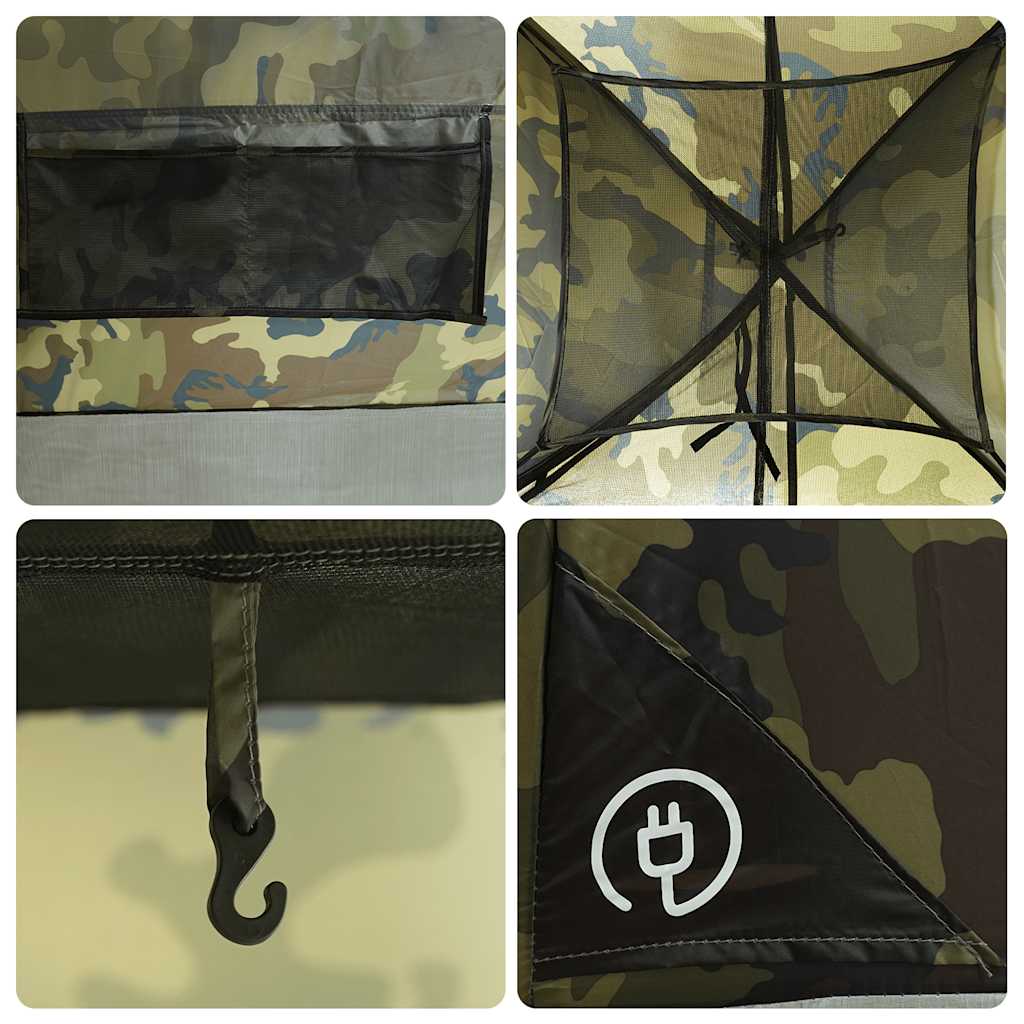 Detail van de camouflage binnenkant van de vidaXL koepeltent met opbergvak en haak.