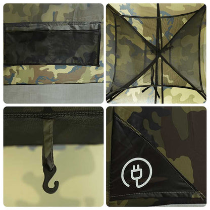 Detail van de camouflage binnenkant van de vidaXL koepeltent met opbergvak en haak.