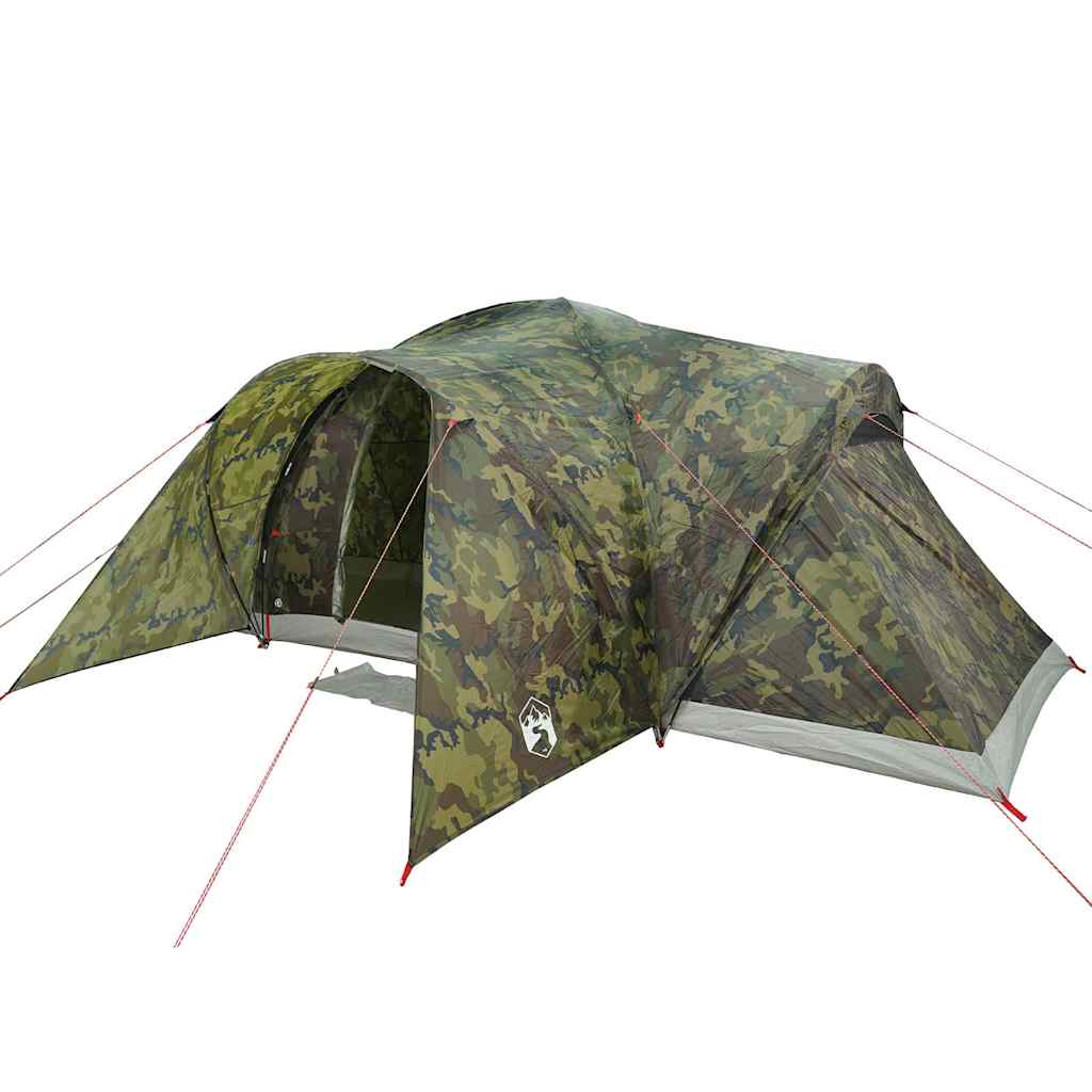 Detail van de vidaXL koepeltent in camouflage, met zichtbare waterdichte buitenkant en ventilatieopeningen.