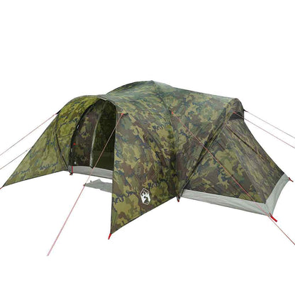 Detail van de vidaXL koepeltent in camouflage, met zichtbare waterdichte buitenkant en ventilatieopeningen.