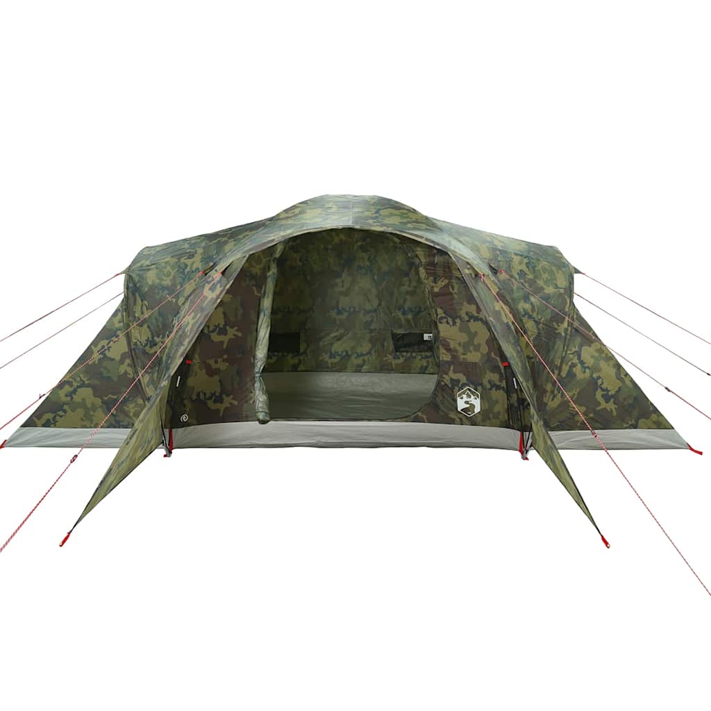 Zijaanzicht van de vidaXL koepeltent in camouflage, met open ingangen en tentvloer zichtbaar.