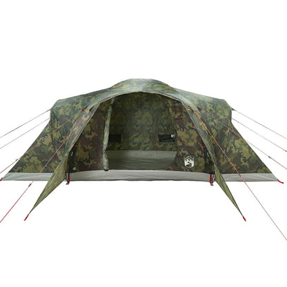 Zijaanzicht van de vidaXL koepeltent in camouflage, met open ingangen en tentvloer zichtbaar.