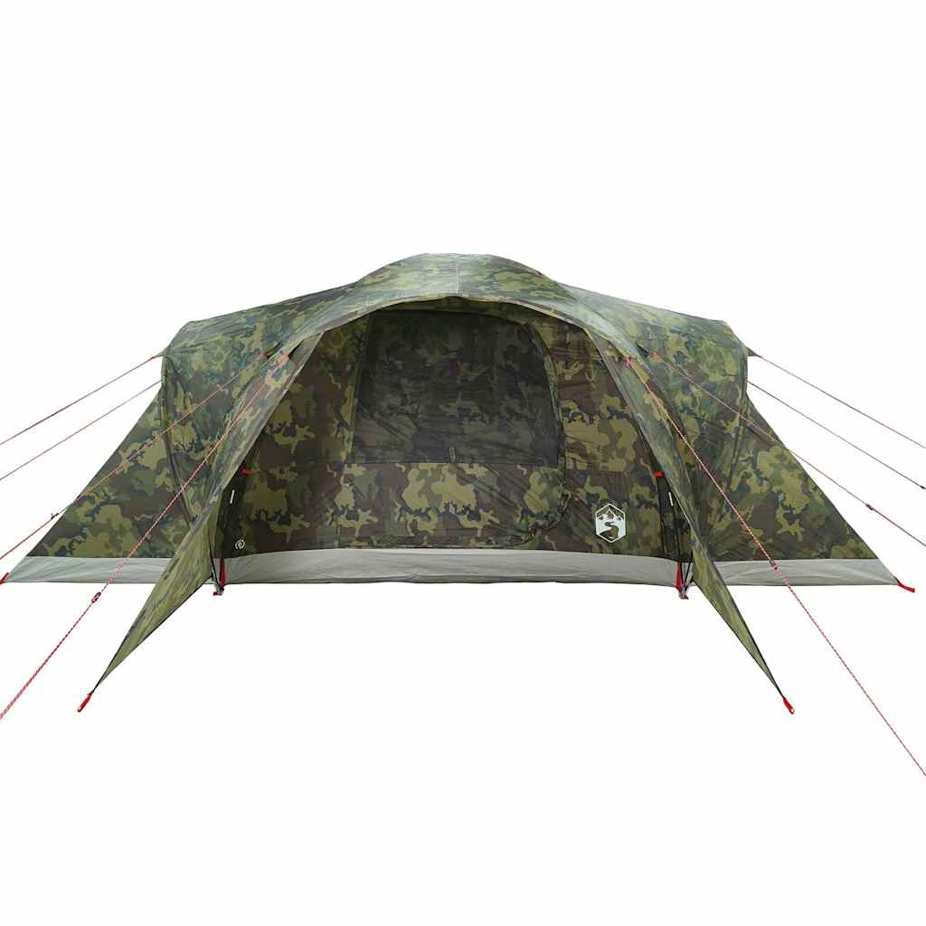 Detail van de vidaXL 6-persoons koepeltent in camouflage, met open ingang en waterdichte stof.