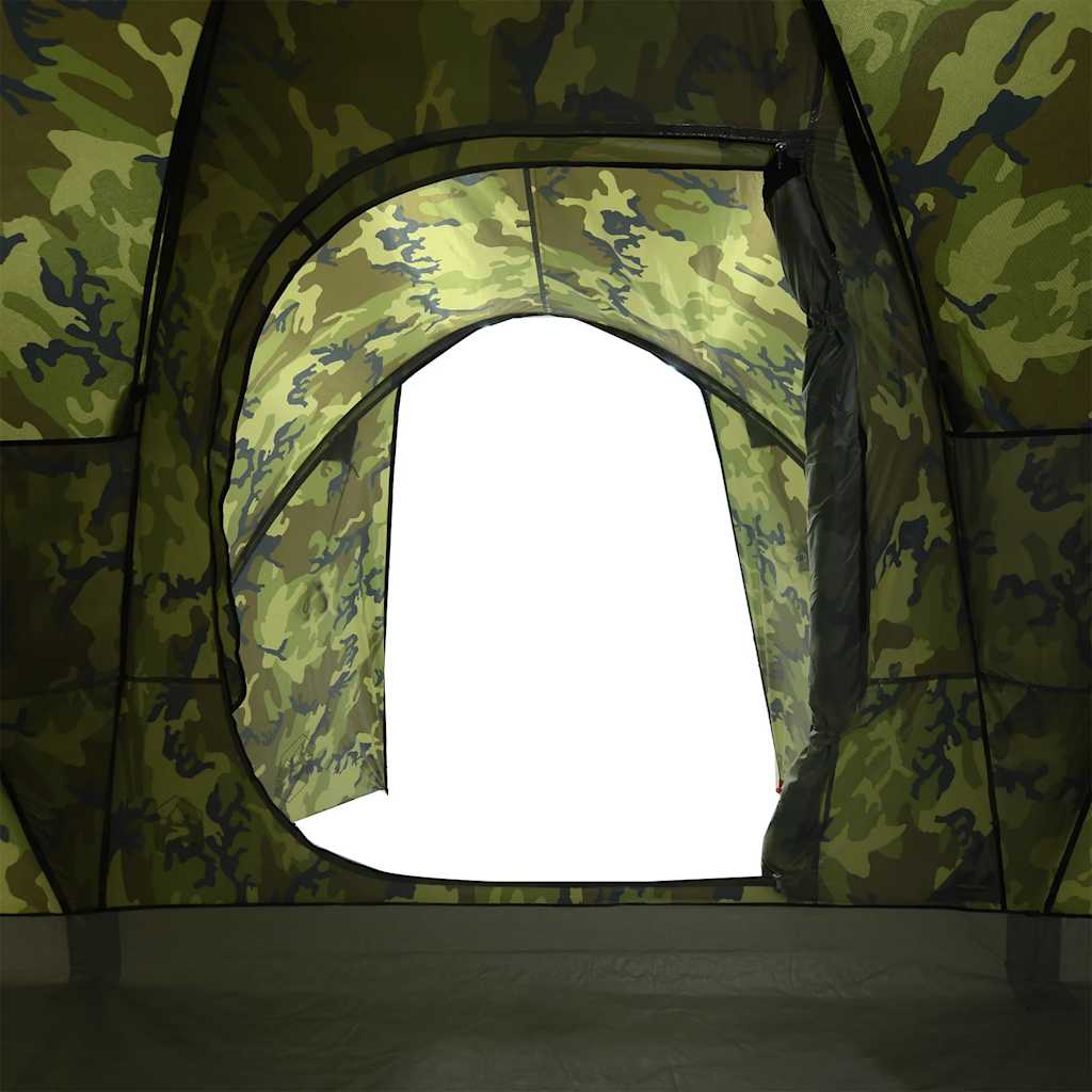 Detail van de camouflage binnenkant van de vidaXL 6-persoons koepeltent met ingang.