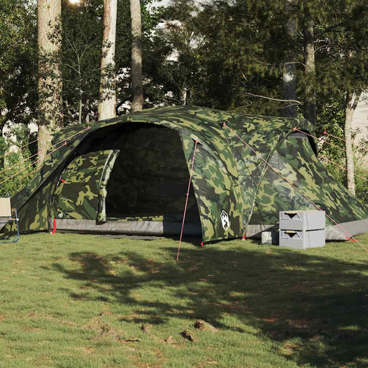 Koepeltent vidaXL 6-persoons in camouflage, waterdicht en ruim, op grasveld.