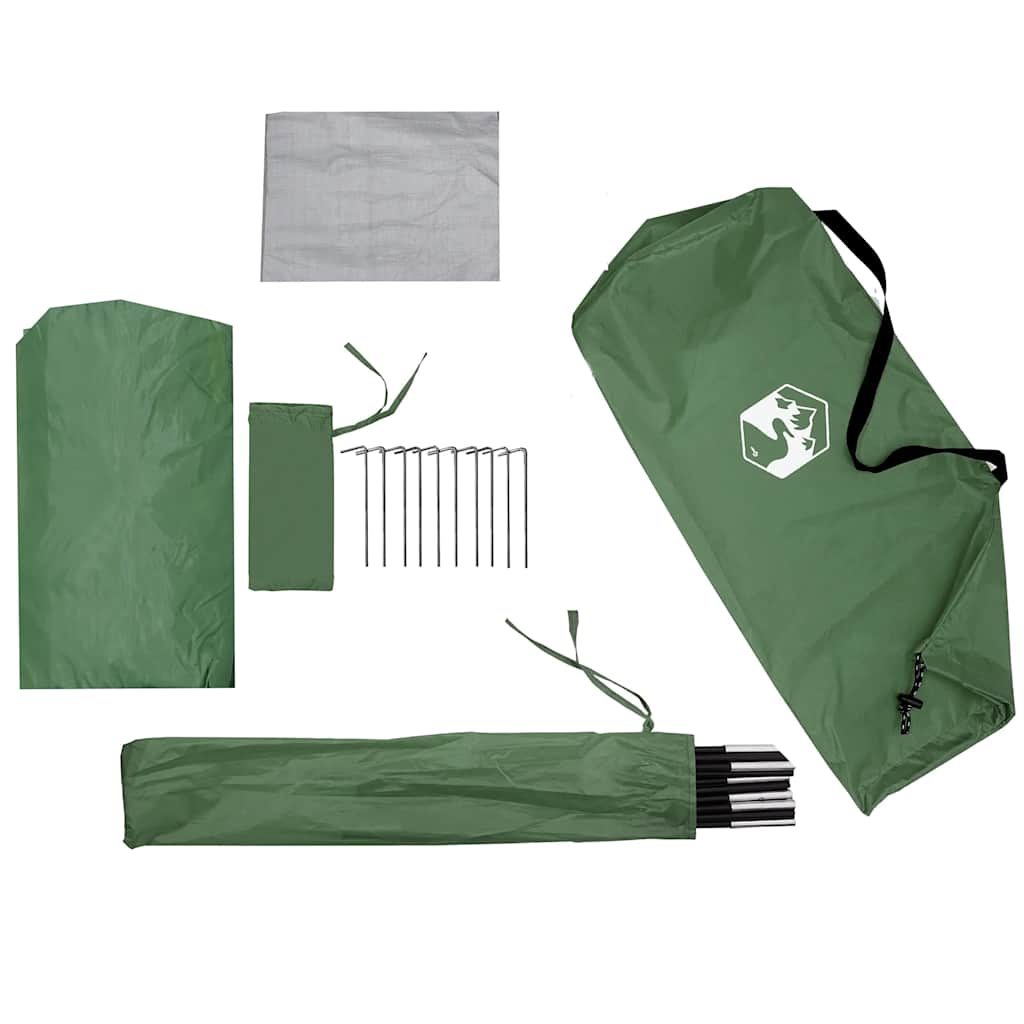 Detail van de groene vidaXL douchetent met stokken en bevestigingsmaterialen.