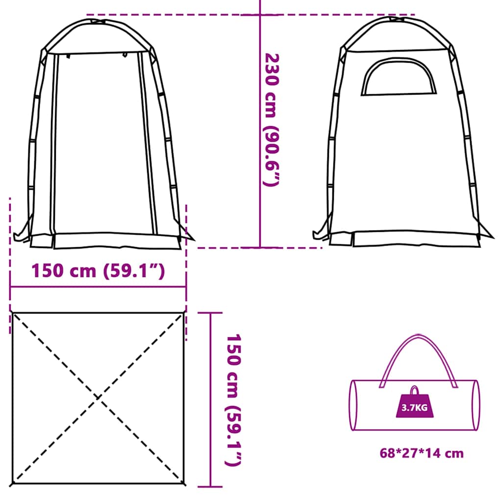 Detail van de afmetingen en ontwerp van de vidaXL Douchetent, inclusief zijaanzicht en opbergtas.