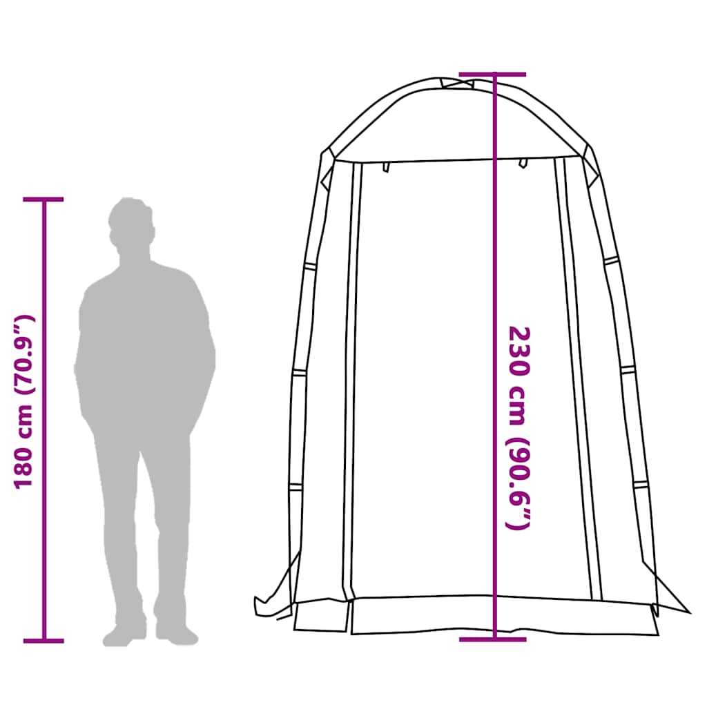 Detail van de vidaXL douchetent met afmetingen en zijaanzicht van de tent.