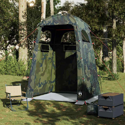 Zijaanzicht van de vidaXL waterdichte camouflage douchetent in een groene omgeving.