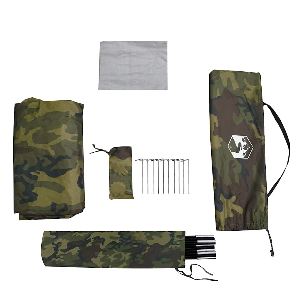 Detail van de vidaXL douchetent met camouflagepatroon en accessoires voor opzetten.