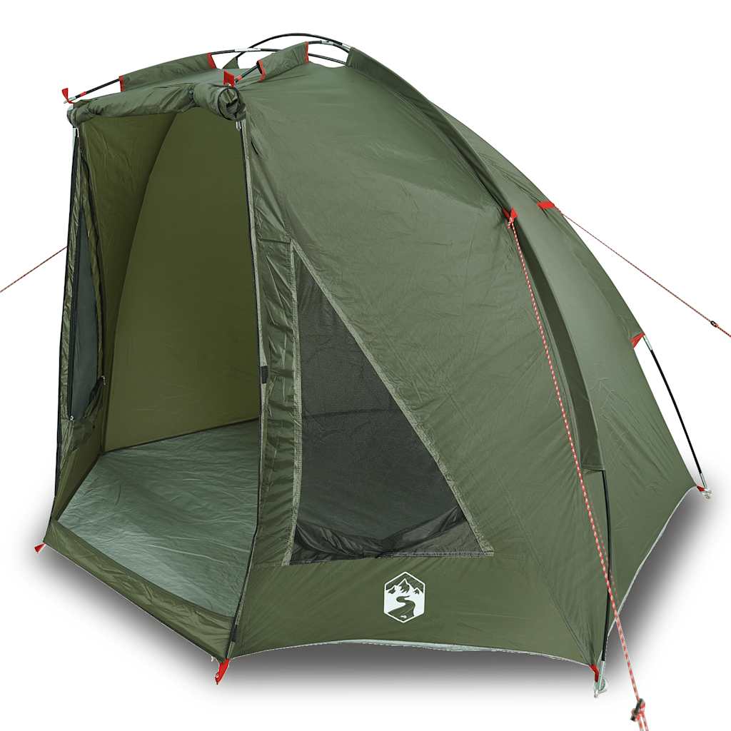 Zijaanzicht van de vidaXL Vistent tent in olijfgroen met open ingang.