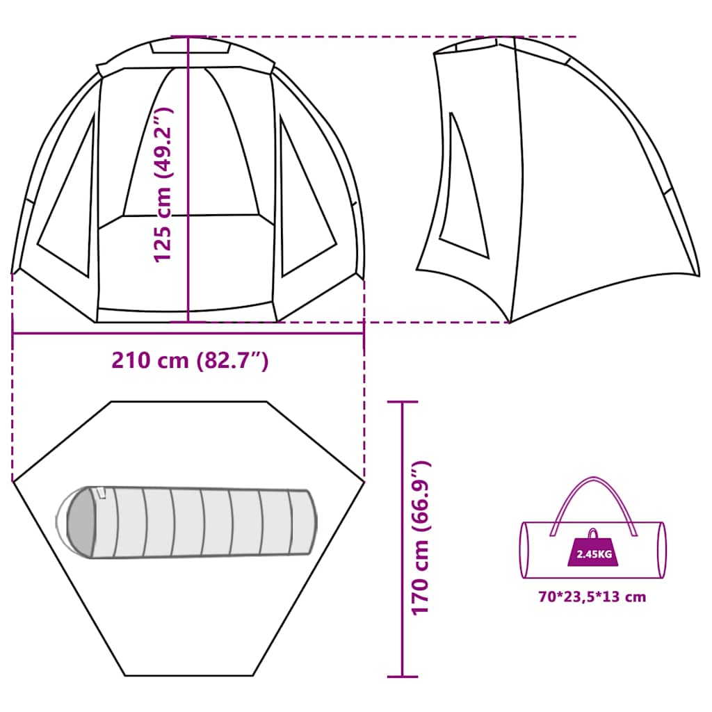 Detailtekening van de vidaXL Vistent tent met afmetingen en opbergmogelijkheden.