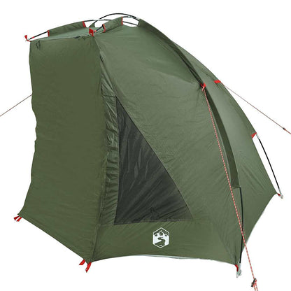 Detail van de vidaXL Vistent tent in olijfgroen, met een zijaanzicht en gaasventilatie.