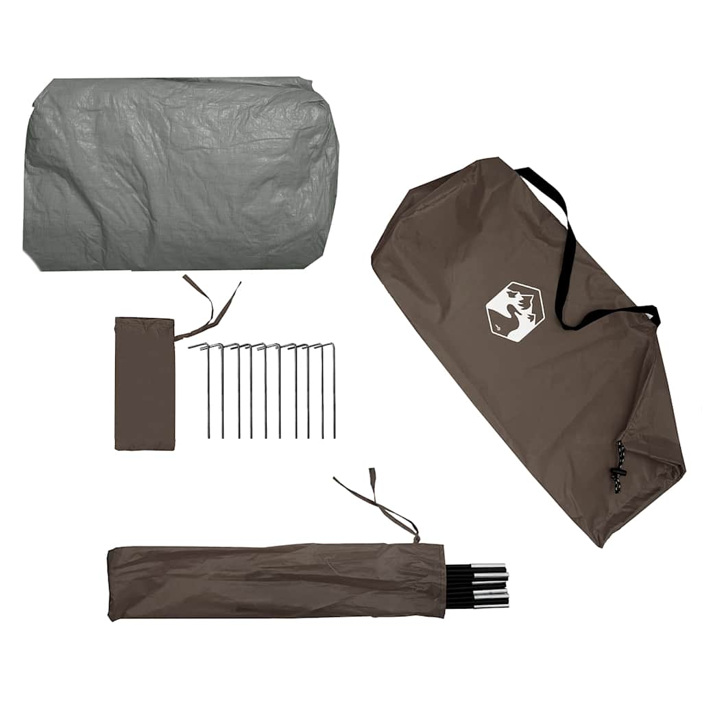 Detail van de vidaXL Vistent met accessoires, waaronder stokken en haringen, in bruin.