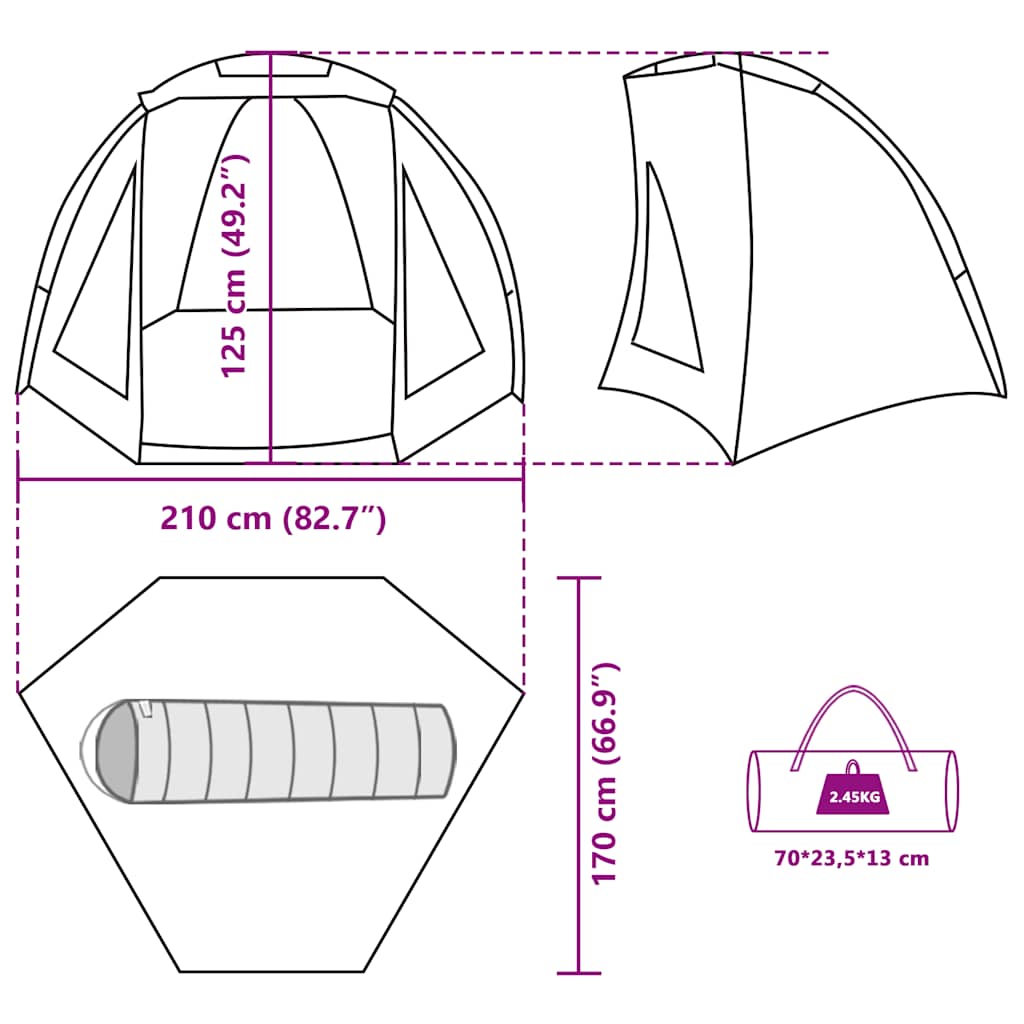 Detail van de afmetingen en ontwerp van de vidaXL Vistent tent, inclusief zijaanzicht.