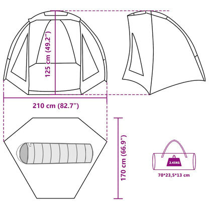 Detail van de afmetingen en ontwerp van de vidaXL Vistent tent, inclusief zijaanzicht.