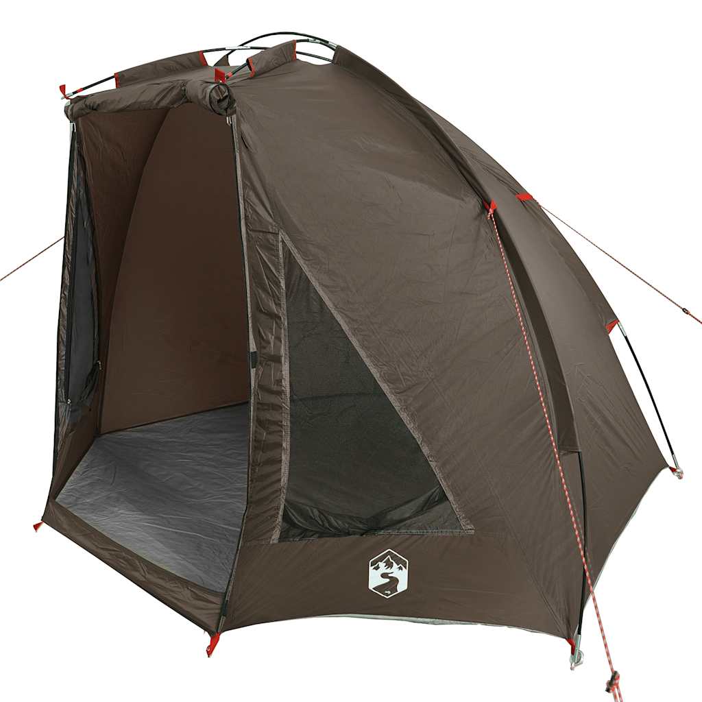 Detail van de vidaXL Vistent tent in bruin met open ingang en ventilatieroosters.
