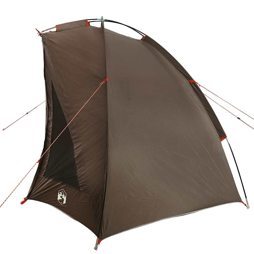 Zijaanzicht van de vidaXL Vistent waterdichte tent in bruin, met stevige stokken en ventilatieopening.