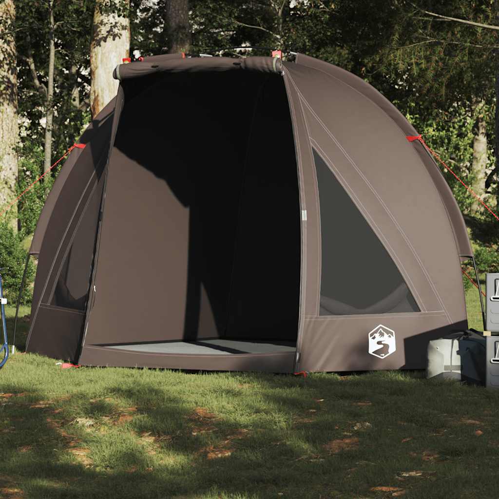 Bruine vidaXL Vistent tent met waterdicht ontwerp, openstaande ingang in een groene omgeving.