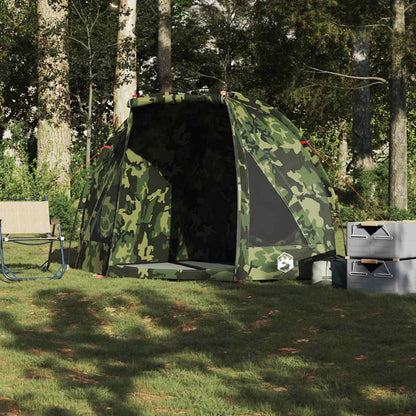 Zijaanzicht van het vidaXL waterdichte camouflage vistent, opgezet in de natuur.