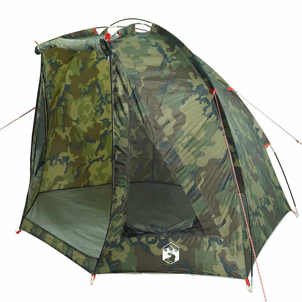 Detail van het vidaXL Vistent camouflage tent, met open ingang en lichte binnenkant.