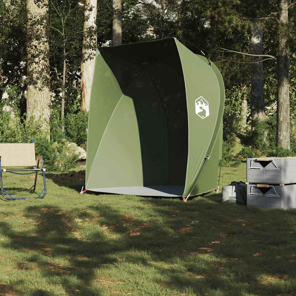 Detail van de vidaXL waterdichte olijfgroene tent met open voorkant in een natuurlijke omgeving.
