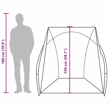 Zijaanzicht van de vidaXL waterdichte tent met afmetingen en silhouet van een persoon.