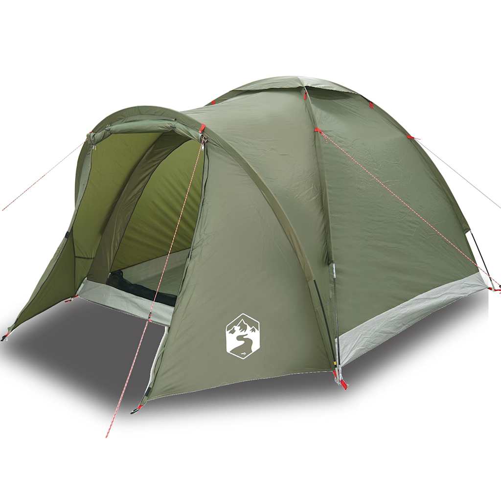 Zijaanzicht van de vidaXL Vistent 2-persoons tent in olijfgroen, met ingetrokken ingangen.