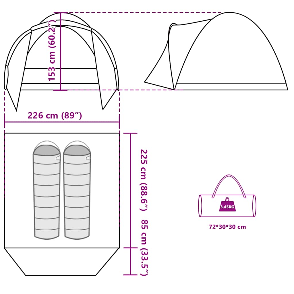Detail van de vidaXL Vistent tent met afmetingen en draagtas in olijfgroen.