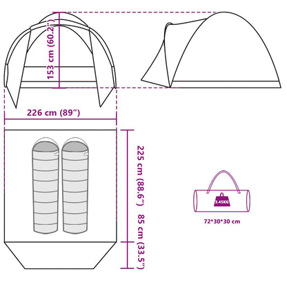 Detail van de vidaXL Vistent tent met afmetingen en draagtas in olijfgroen.